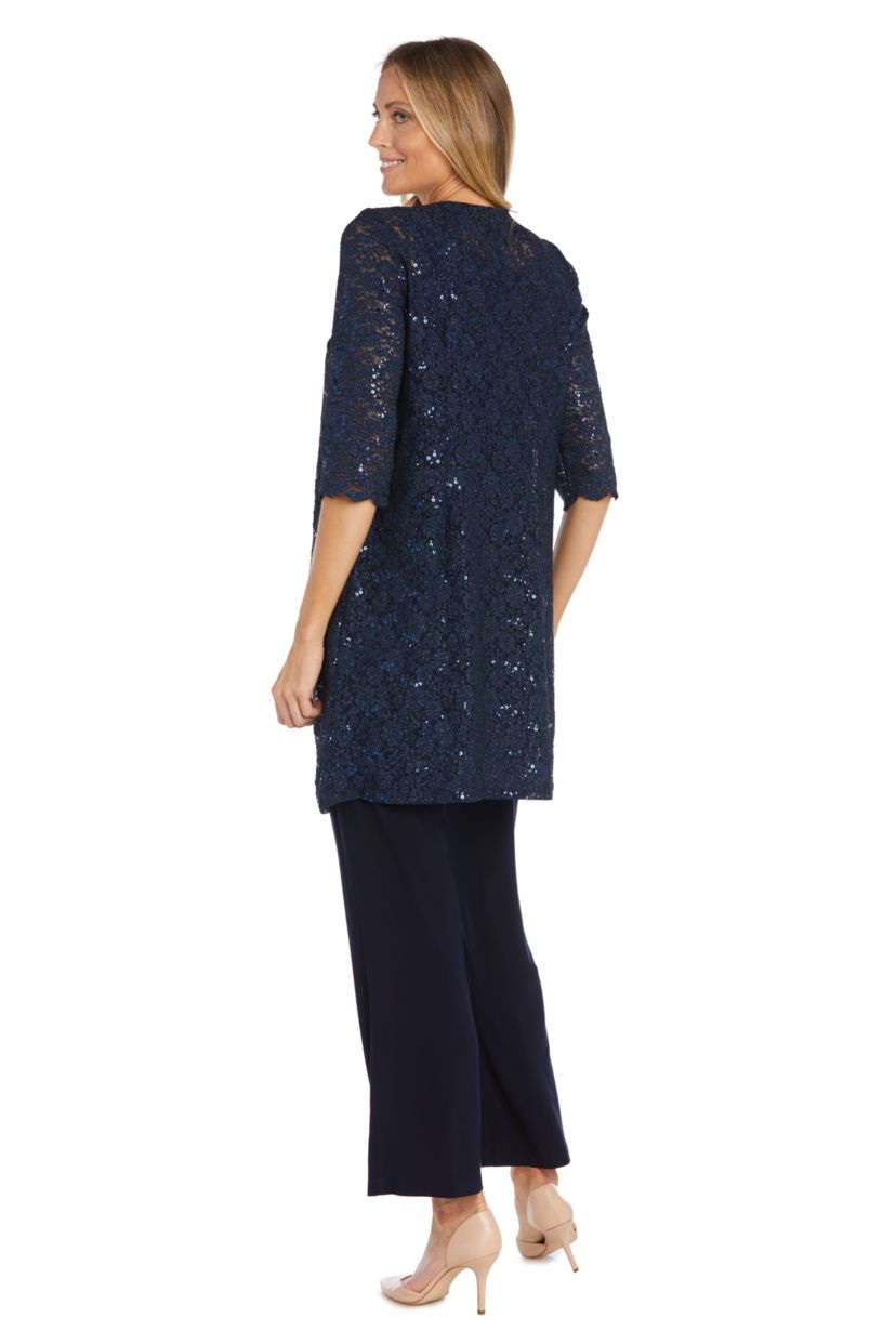 3Pc Duster Pant Set Scallop Edge Jacket And Sleeve W Pearl And Sequin Collar Detail  Lace Tank And Ity Pant