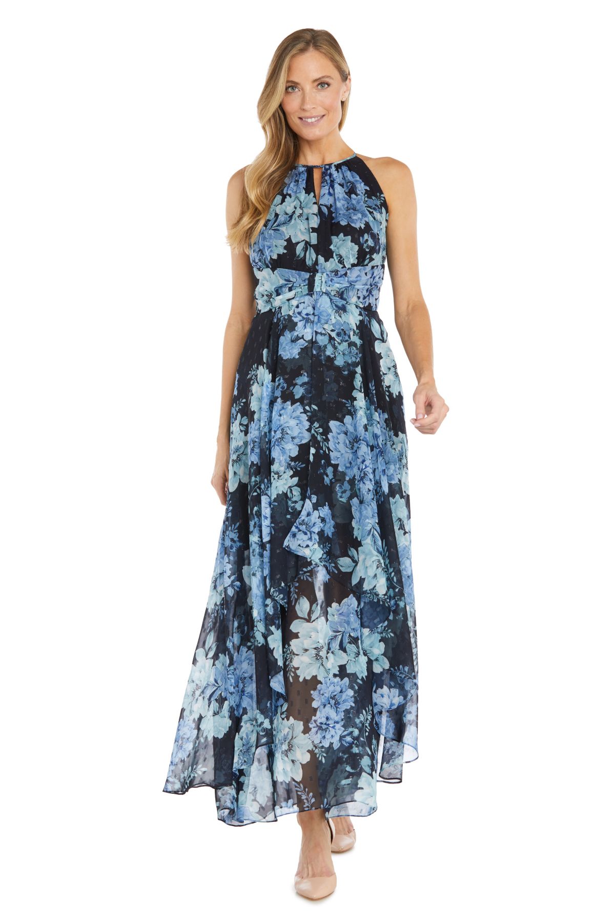Long Halter Floral Printed Chiffon Dress With Keyhole Neckline And Carwash Skirt