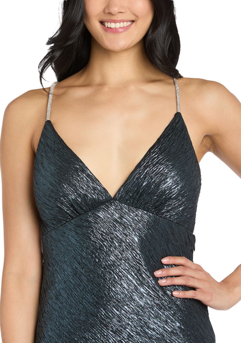 Short Metallic Foil Knit Halter Dress with Rhinestone Back
