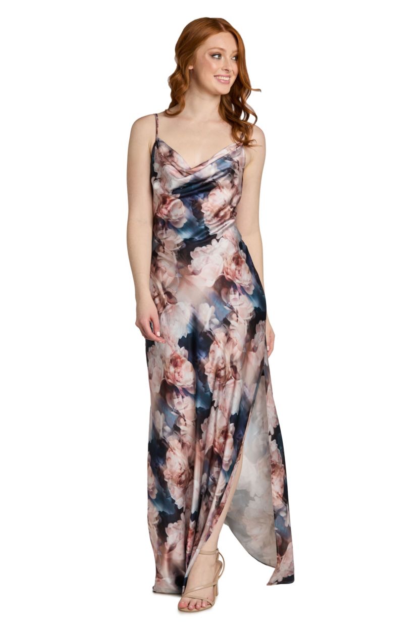 Morgan & Co Women's Printed Satin Cowl Neck Dress, Blue, Large