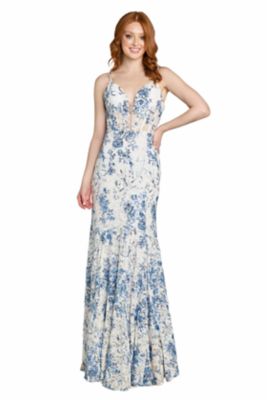 Morgan & Co Women's Long Sequin Printed Lace Corset Dress, Blue, 3
