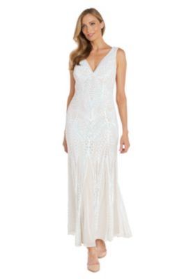 Long Beaded V Neck Dress With Contrast Lining And Mesh Godet Insets