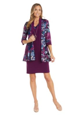 2Pc Velvet Burnout Printed Jacket Dress With Ity Trim And V Neck Tank Detachable Necklace