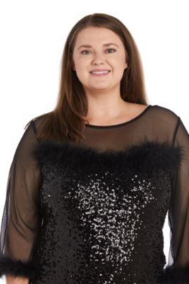 Short Sequin Sheeting Dress With Illusion Neckline And Sleeve Marabou Feather Trim