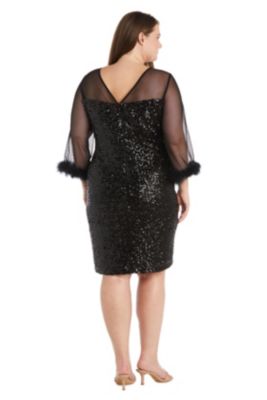 Short Sequin Sheeting Dress With Illusion Neckline And Sleeve Marabou Feather Trim