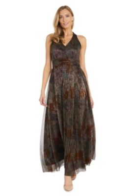 Long Printed Metallic Crinkle V Neck Halter Dress With Rouched Waist