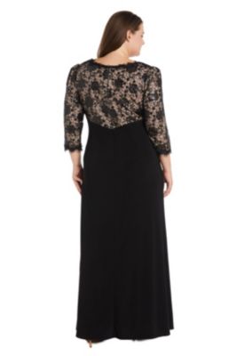 Long Cocktail Dress 3/4 Sleeves With Lace Bodice Contrast Lining And Jersey Knit Side Rouched Skirt
