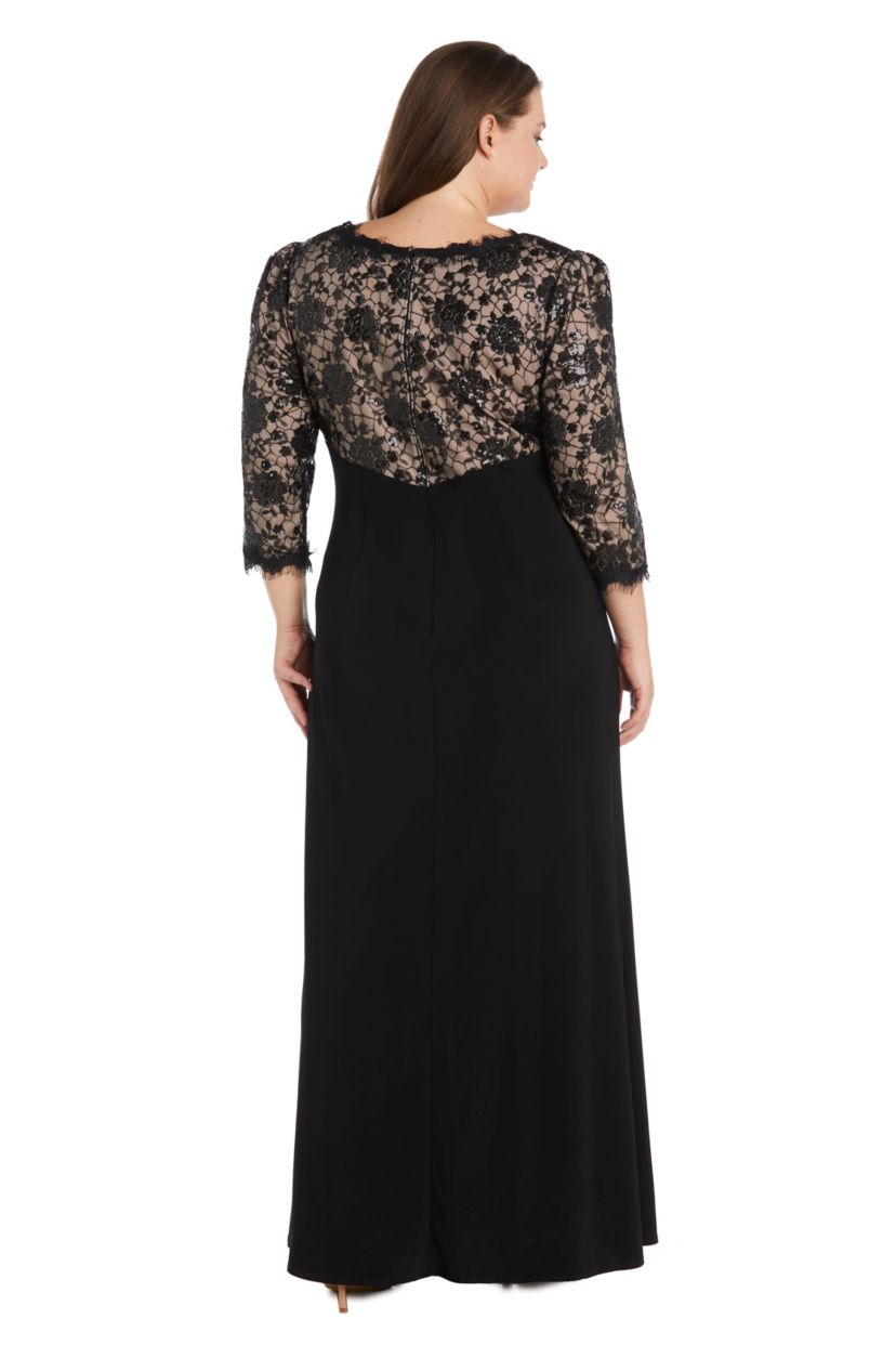 Long Cocktail Dress 3/4 Sleeves With Lace Bodice With Contrast Lining And Jersey Knit Side Rouched Skirt