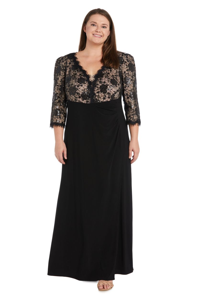 Long Cocktail Dress 3/4 Sleeves With Lace Bodice With Contrast Lining And Jersey Knit Side Rouched Skirt