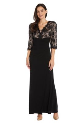 Long Cocktail Dress 3  4 Sleeve With Lace Bodice Contrast Lining And Jersey Knit Side Rouched Skirt