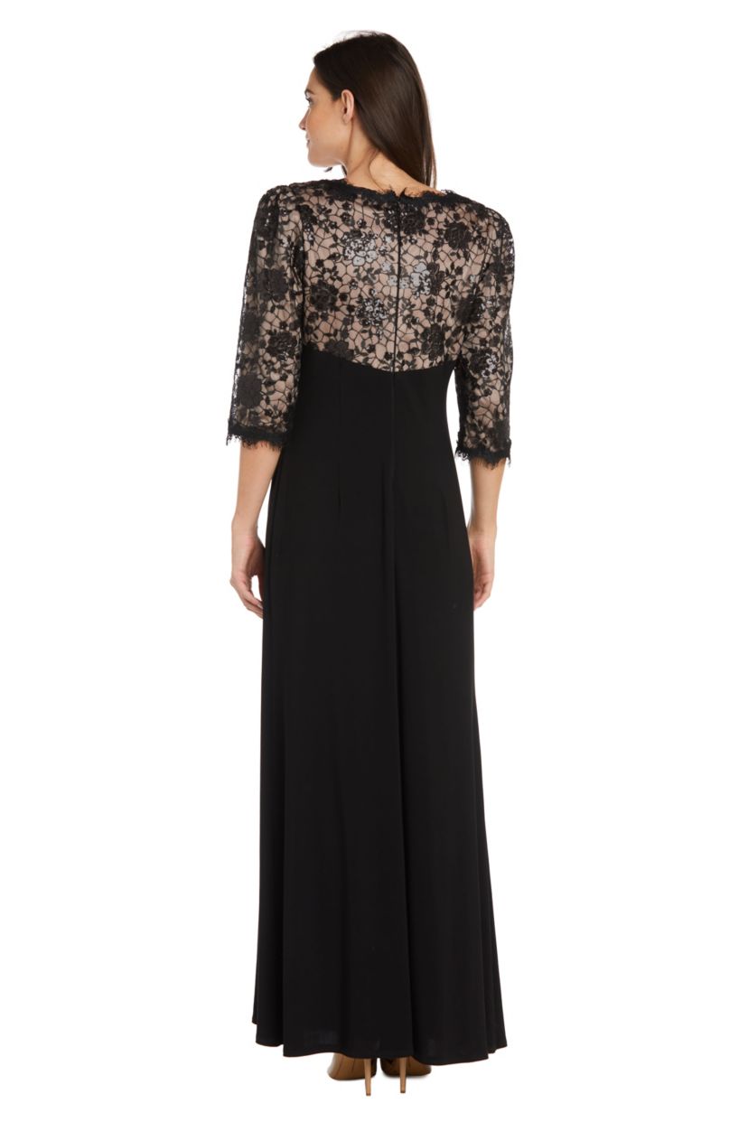 Long Cocktail Dress 3  4 Sleeve With Lace Bodice With Contrast Lining And Jersey Knit Side Rouched Skirt