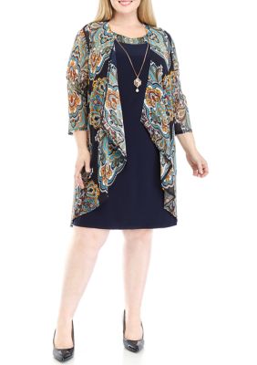 Plus 3/4 Sleeve Paisley Print Jacket Dress with Removable Necklace