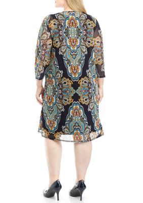 Plus 3/4 Sleeve Paisley Print Jacket Dress with Removable Necklace