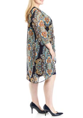 Plus 3/4 Sleeve Paisley Print Jacket Dress with Removable Necklace