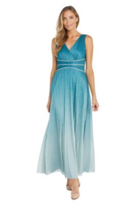 Long Crinkle Pleated Ombre Dress With Rhinestone Waist Detail