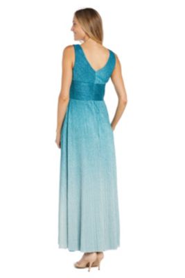 Long Crinkle Pleated Ombre Dress With Rhinestone Waist Detail