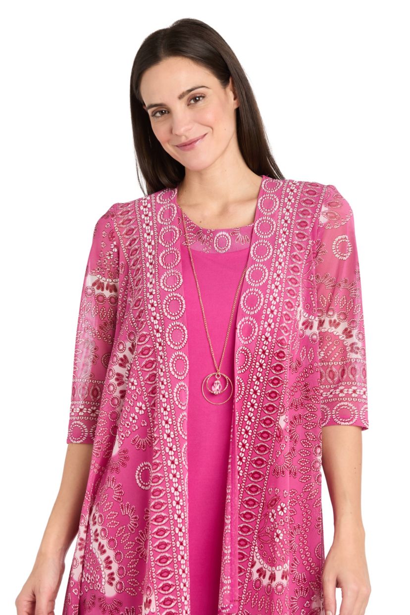 2Pc Medallion Printed Mesh Flyaway Jacket Dress With Detachable Necklace