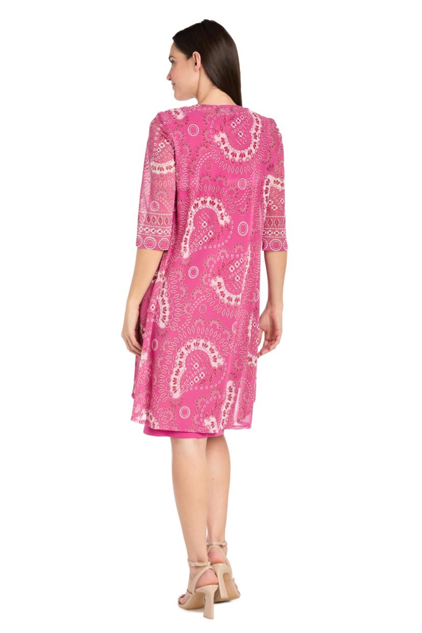 2Pc Medallion Printed Mesh Flyaway Jacket Dress With Detachable Necklace