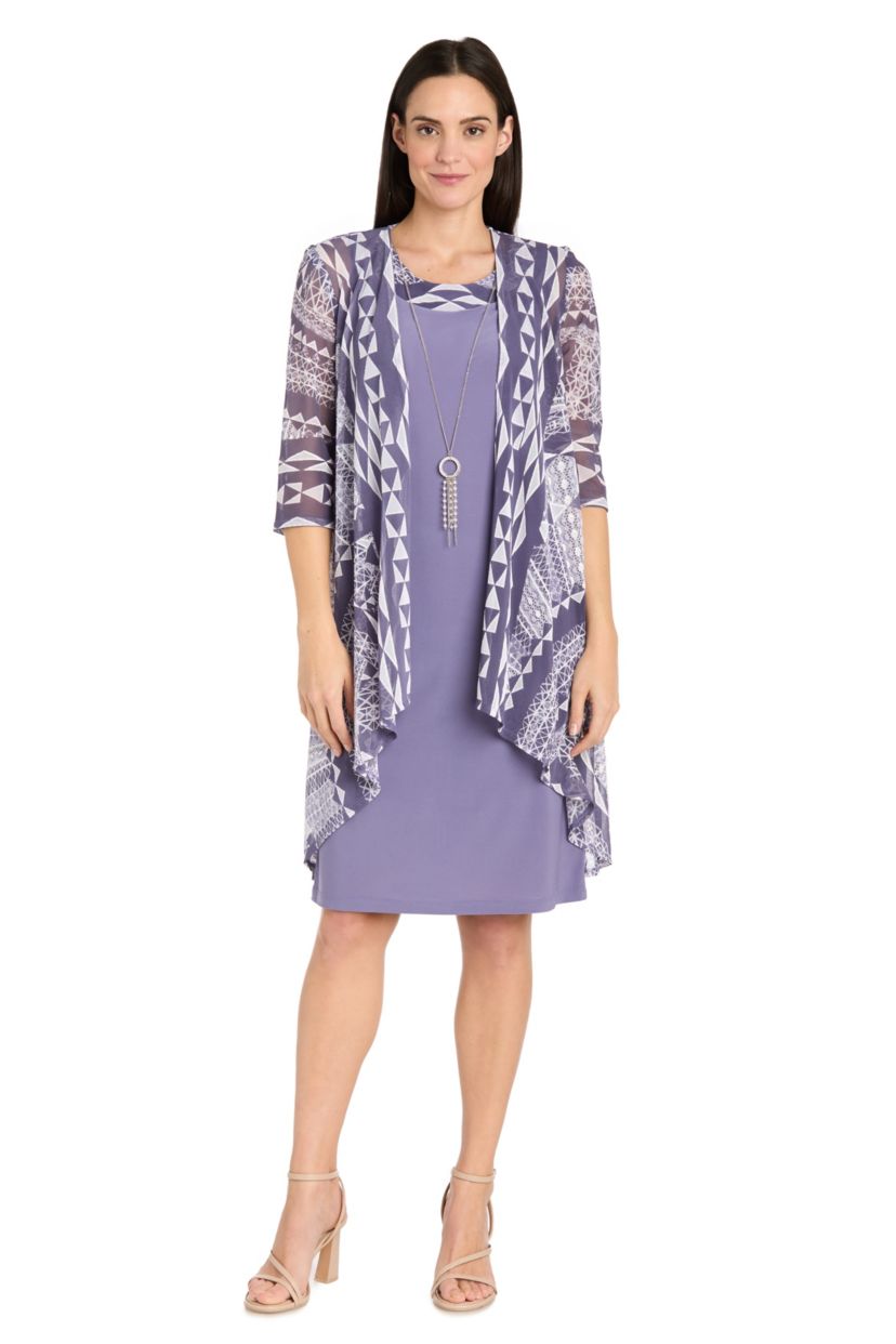 2Pc Printed Flyaway Mesh Jacket And Jersey Dress With Removable Necklace