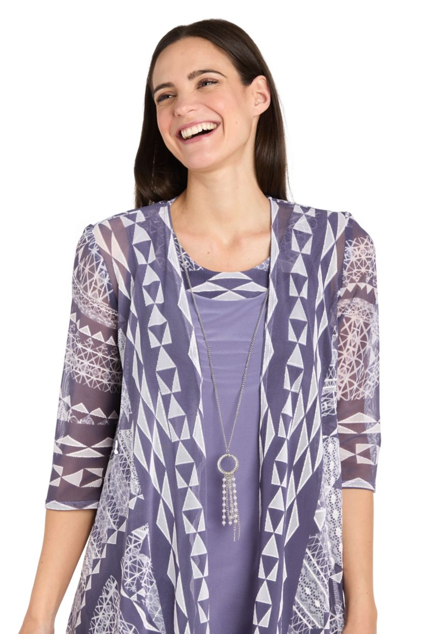 2Pc Printed Flyaway Mesh Jacket And Jersey Dress With Removable Necklace
