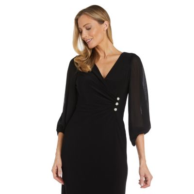 1Pc Blouson Sleeve Surplice Wrap Dress With Rhinestone Button Detail