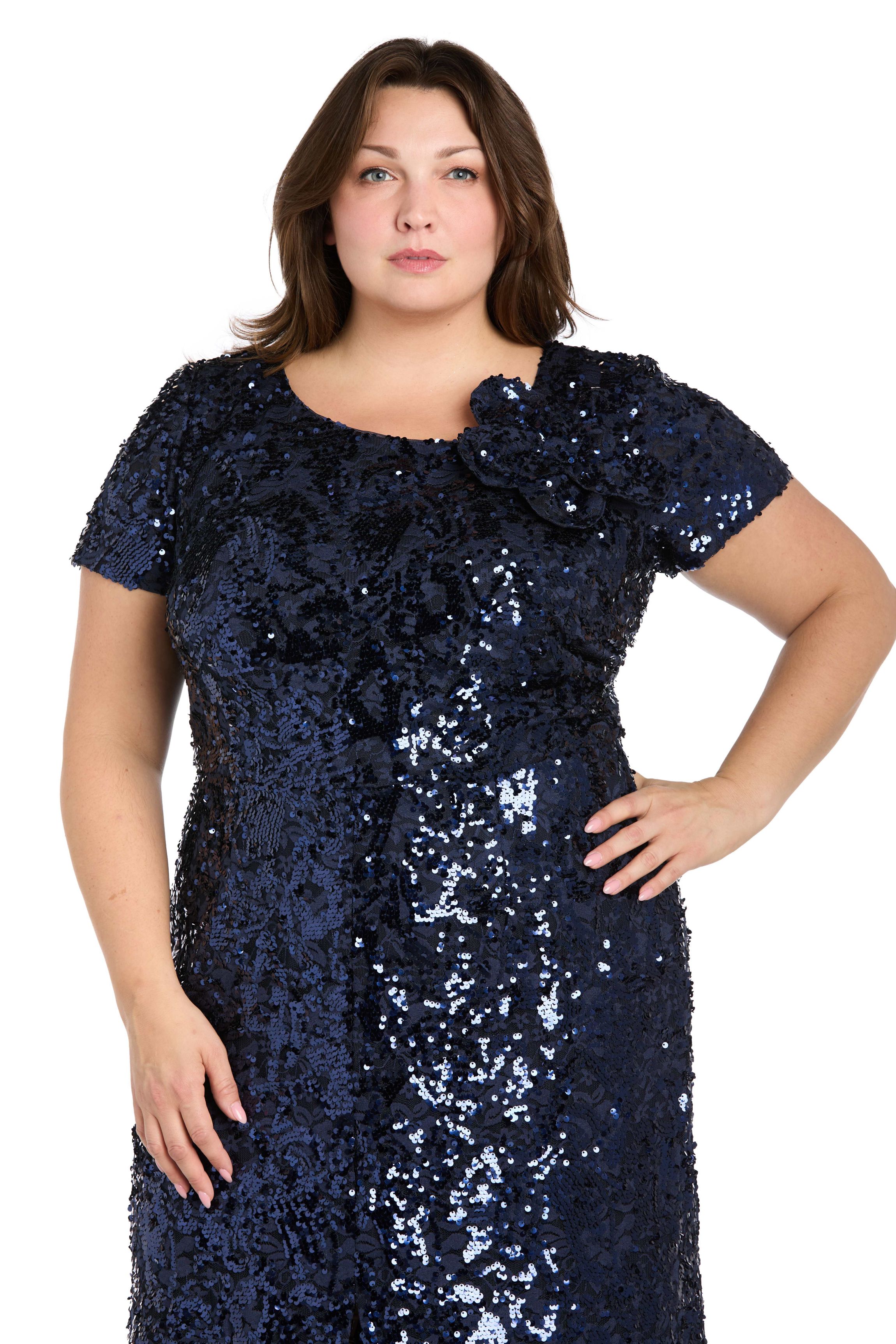 Womens Long Stretch Sequin Cap Sleeve Gown with Flower Detail