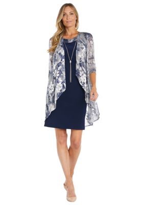 Le Bos Round Neck 3/4 Sleeve Embroidered Mesh Trim Textured 2-Piece Jacket  Dress