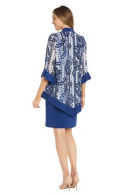 2Pc Printed Jacketjacket Dress With Contrast Ity Ruffle Sleeve And Trim A V Neck Tank Detachable Necklace