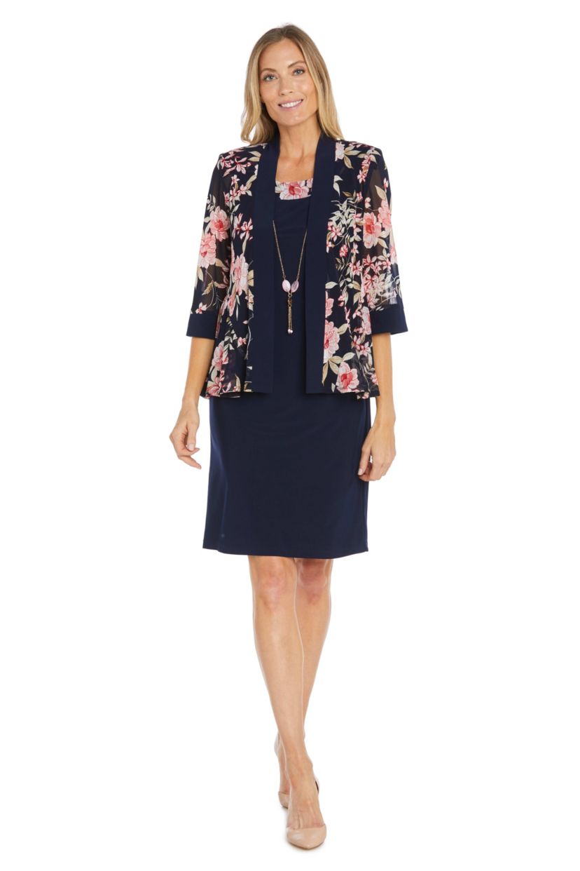 2Pc Floral Printed Jacket Dress with Detachable Necklace