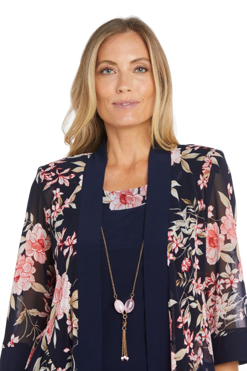 2Pc Floral Printed Jacket Dress with Detachable Necklace