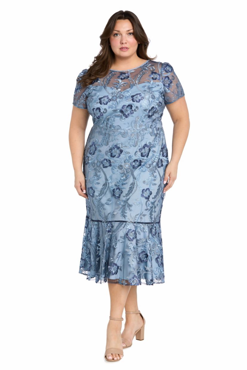 Womens 1Pc Embroidered Tea Length Flounce Dress