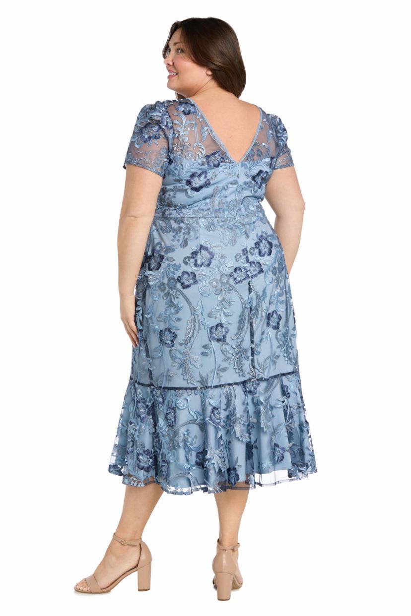 Womens 1Pc Embroidered Tea Length Flounce Dress