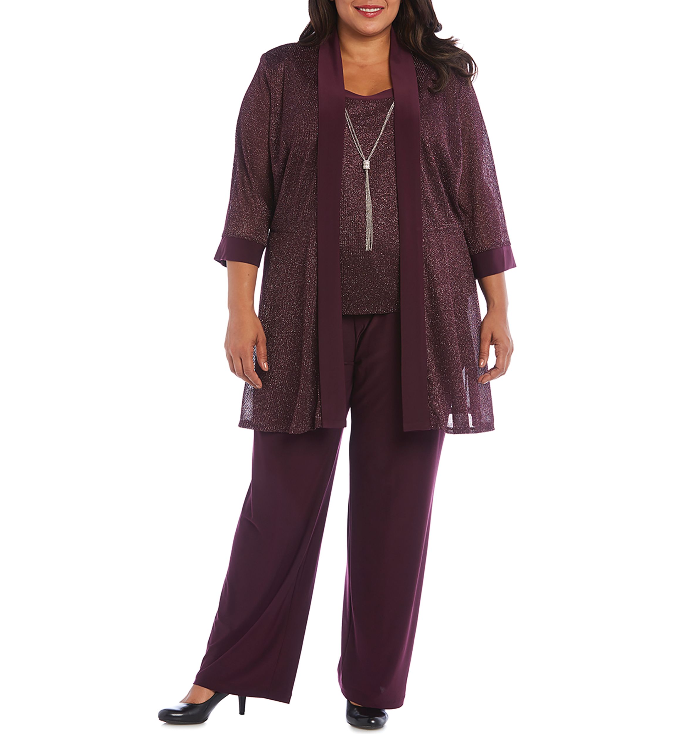Plus Size 2 Piece Metallic Knit Round Neck Top and Pants Set