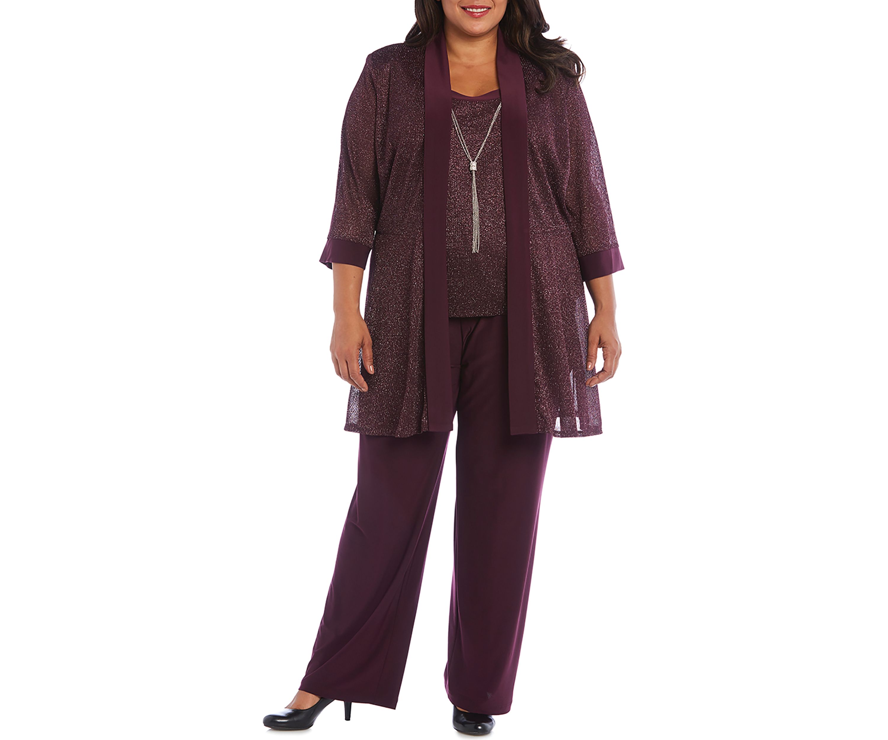 Plus Size 2 Piece Metallic Knit Round Neck Top and Pants Set