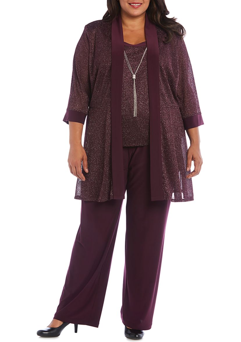 Plus Size 2 Piece Metallic Knit Round Neck Top and Pants Set