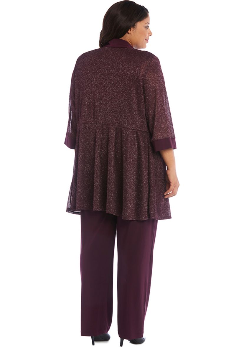 Plus Size 2 Piece Metallic Knit Round Neck Top and Pants Set