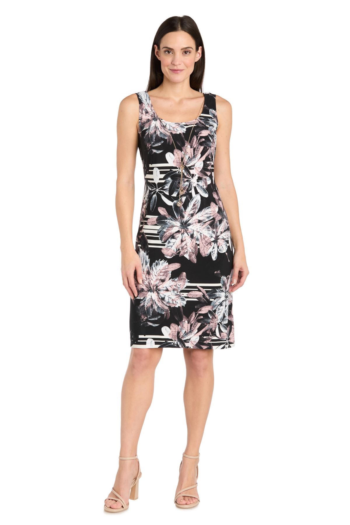 2Pc Printed Floral Tank Dress with Solid Flyaway Jacket Dress and Detachable Necklace