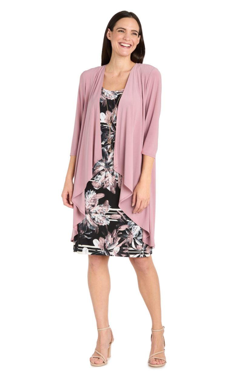 2Pc Printed Floral Tank Dress With Solid Ity Flyaway Jacket Dress Detachable Necklace