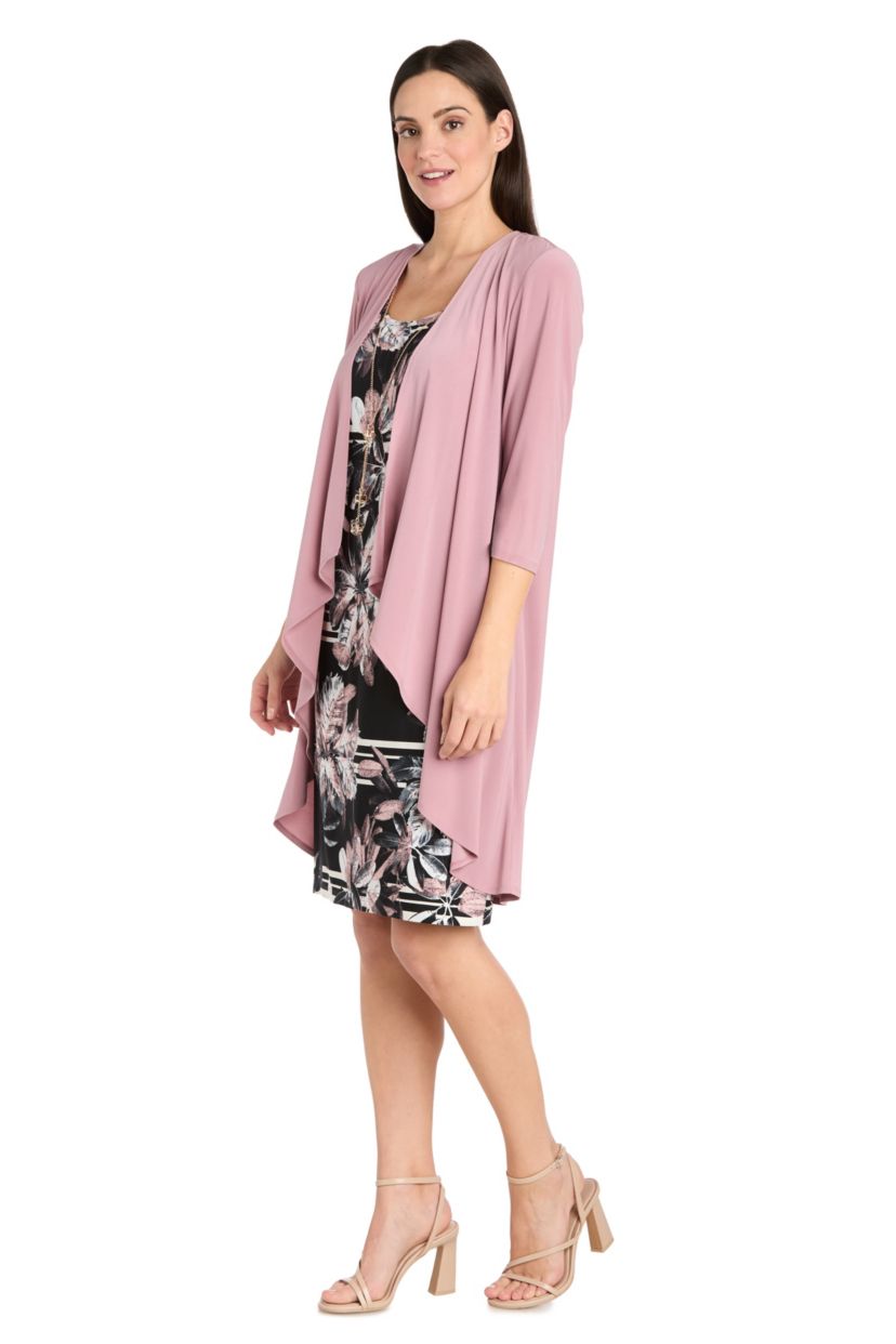 2Pc Printed Floral Tank Dress With Solid Ity Flyaway Jacket Dress Detachable Necklace