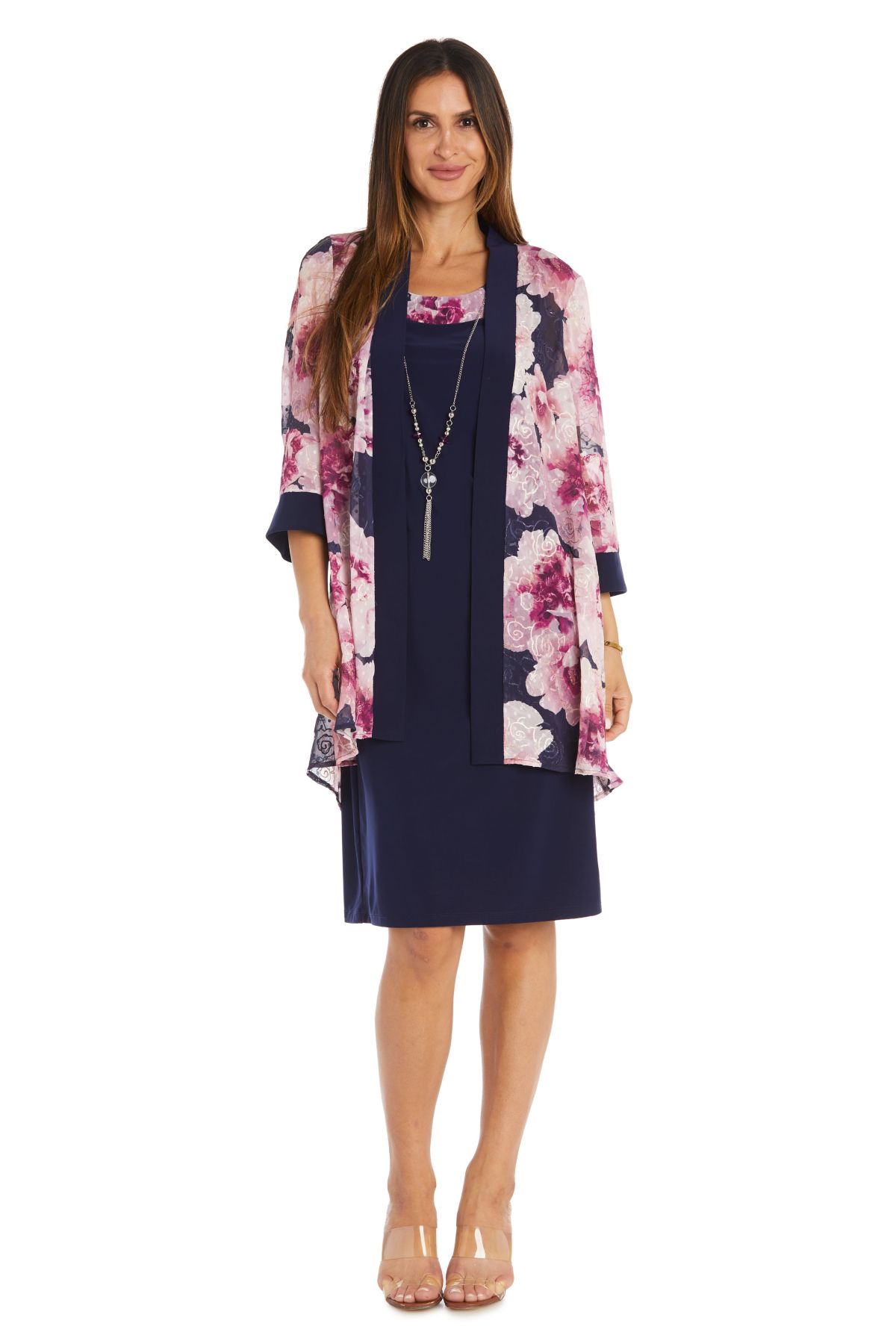 2Pc Printed Chiffon and Jersey Jacket Dress with Detachable Necklace
