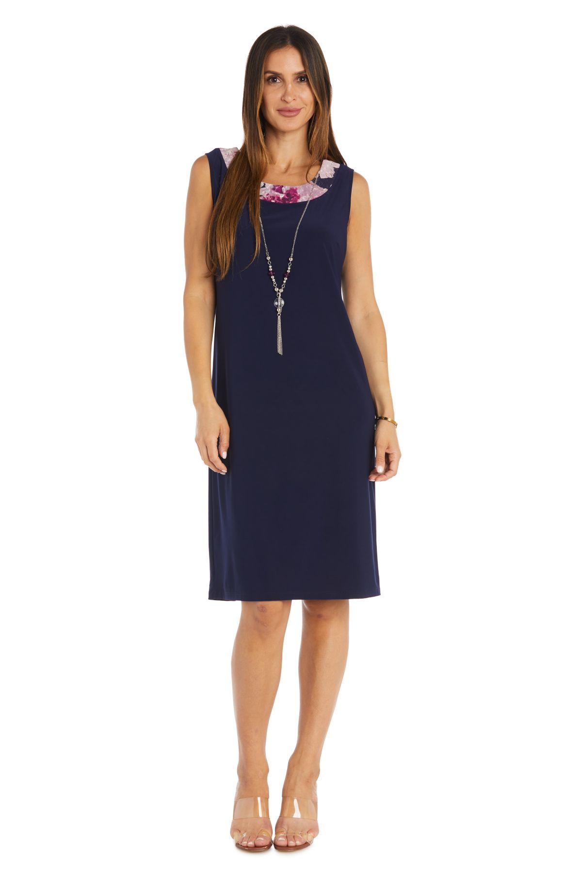 2Pc Printed Chiffon and Jersey Jacket Dress with Detachable Necklace