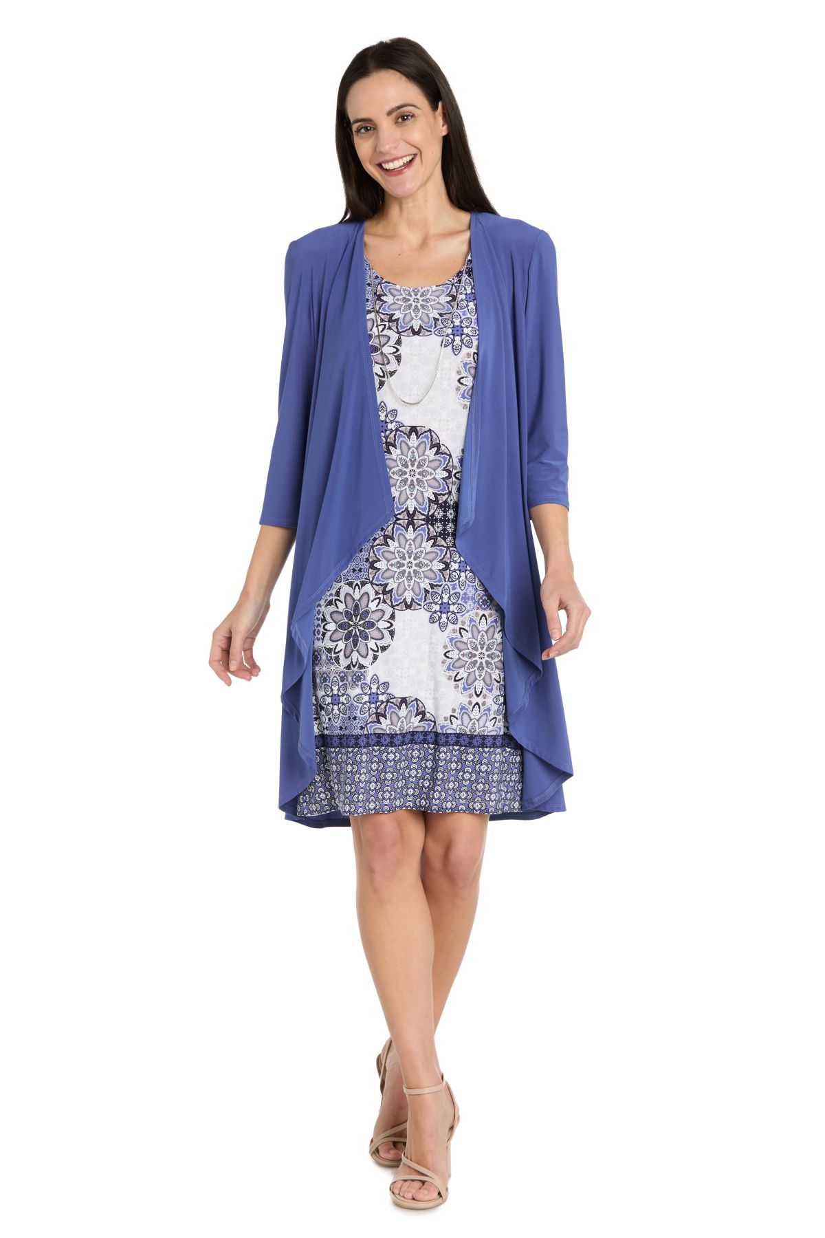 2Pc Printed Chiffon and Jersey Jacket Dress with Detachable Necklace