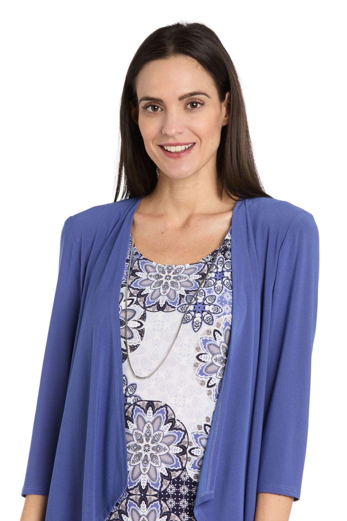 2Pc Printed Chiffon and Jersey Jacket Dress with Detachable Necklace