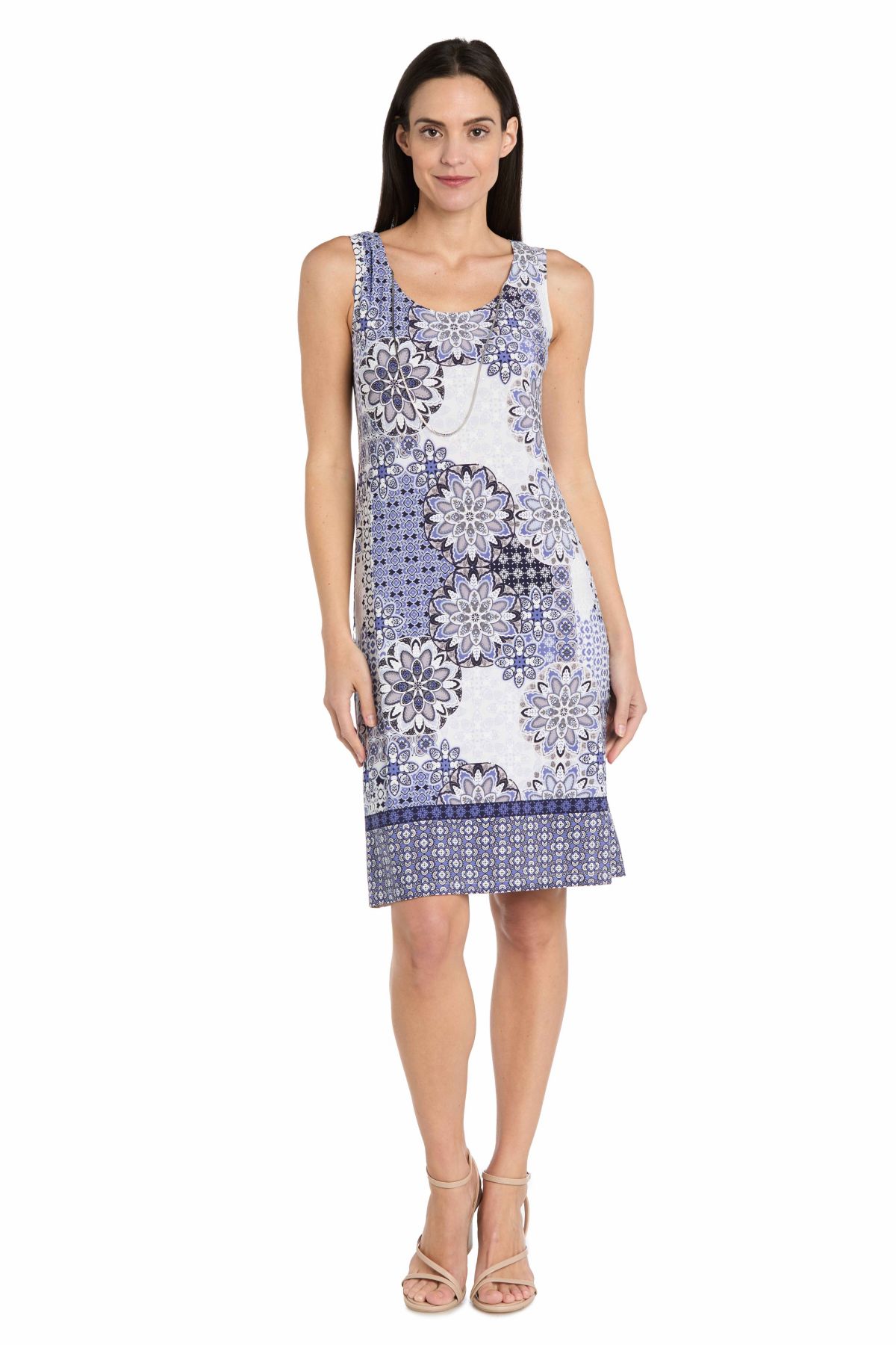 2Pc Printed Chiffon and Jersey Jacket Dress with Detachable Necklace