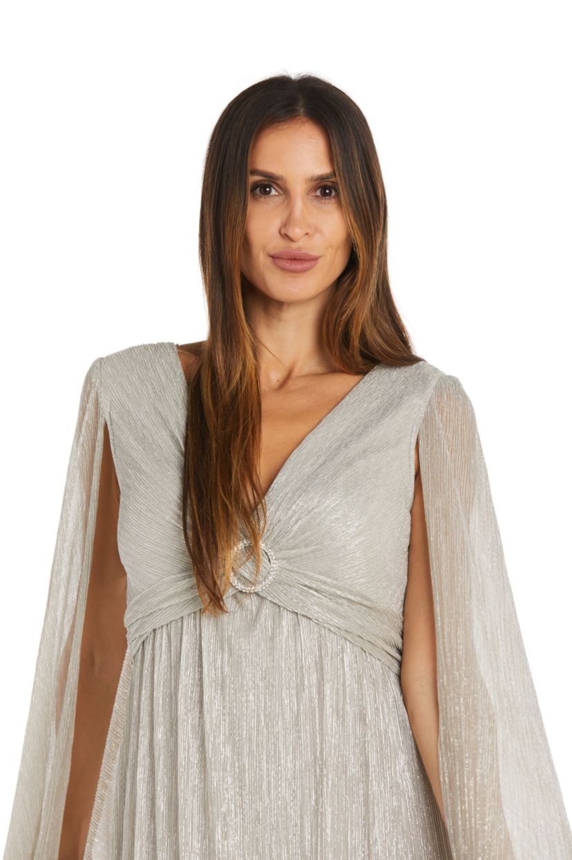 Long Crinkle Pleated Goddess Dress With Split Long Cape Sleeves And Empire Waist With Rhinestone Trim