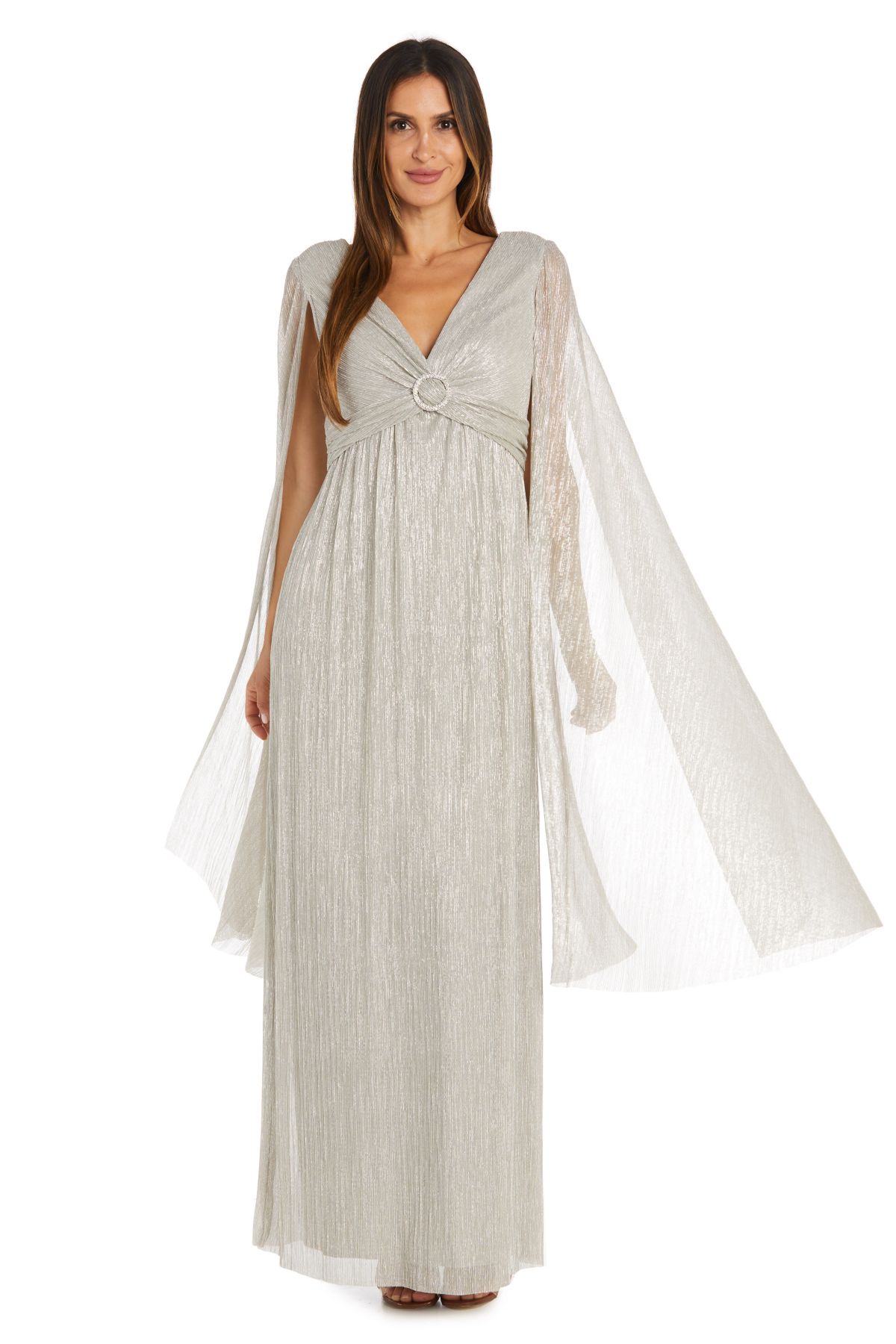 Long Crinkle Pleated Goddess Dress With Split Long Cape Sleeves And Empire Waist With Rhinestone Trim