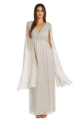 Long Crinkle Pleated Goddess Dress With Split Cape Sleeves And Empire Waist Rhinestone Trim
