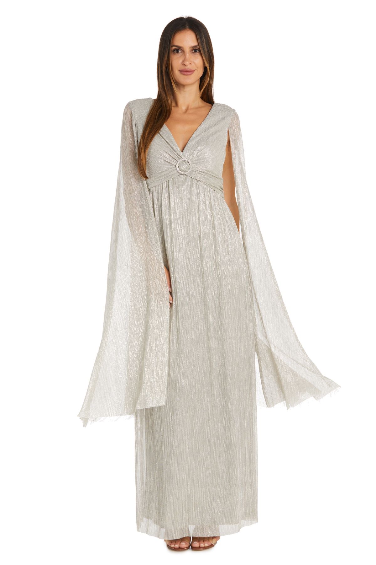 Long Crinkle Pleated Goddess Dress With Split Long Cape Sleeves And Empire Waist With Rhinestone Trim