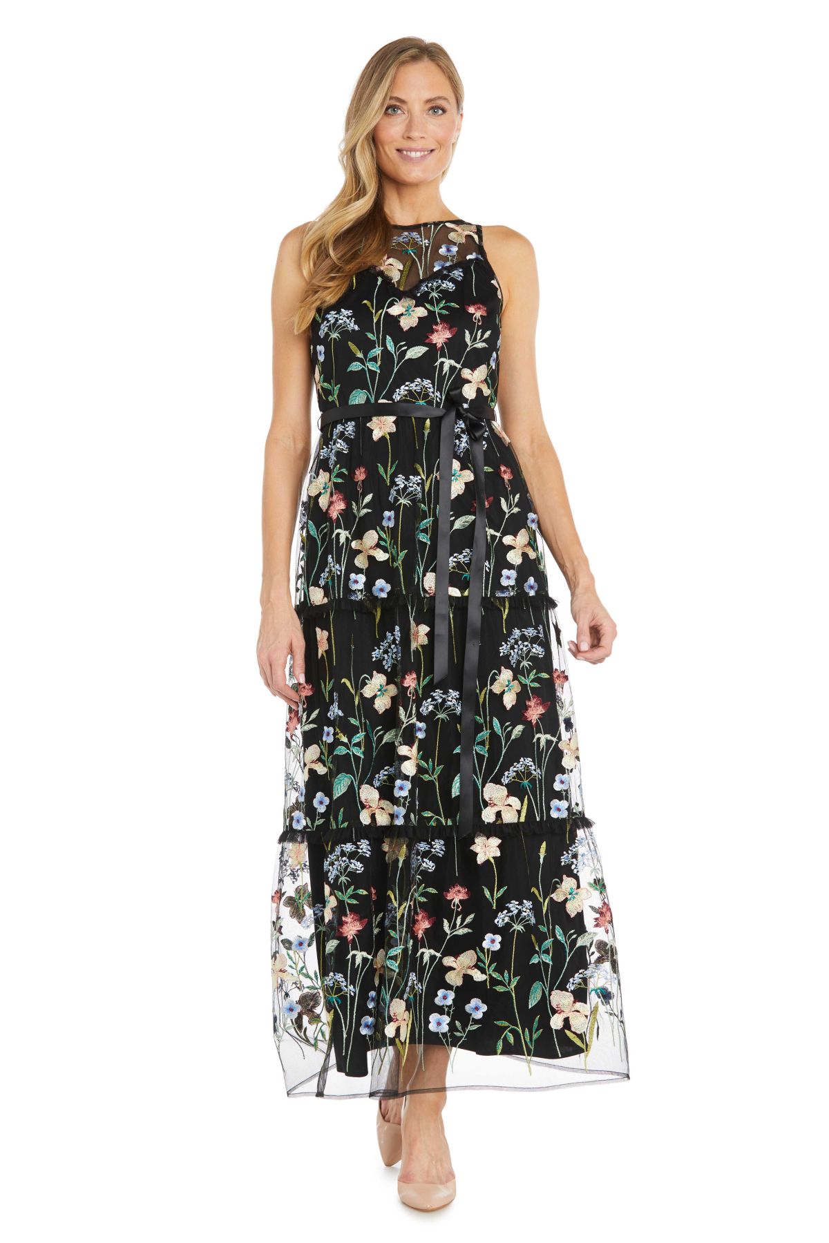 Missy Long Floral Threadwork Dress with Full Skirt and Satin Sash