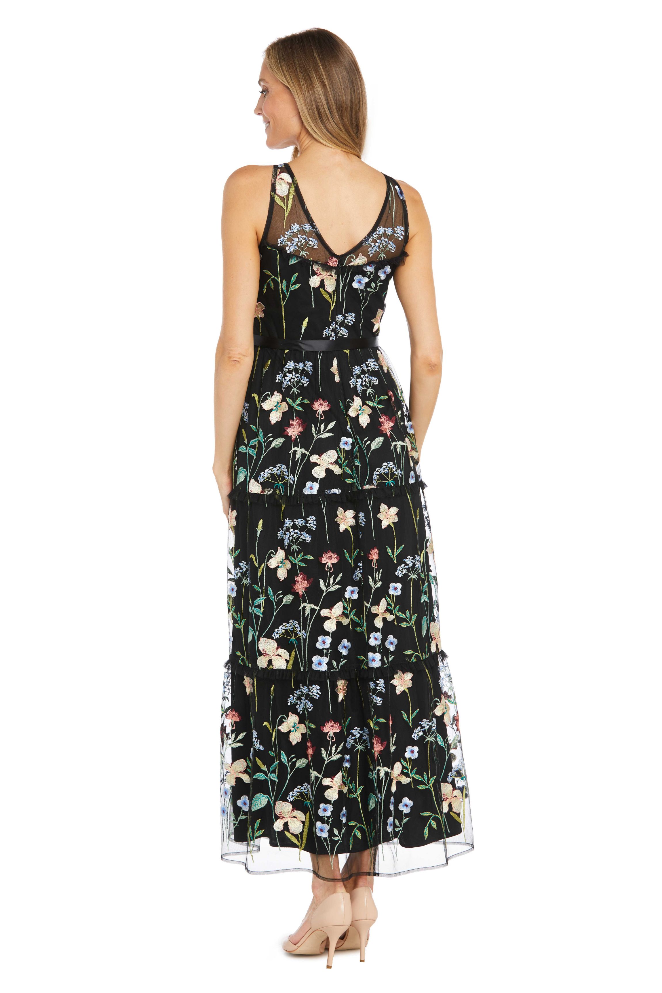 Missy Long Floral Threadwork Dress with Full Skirt and Satin Sash
